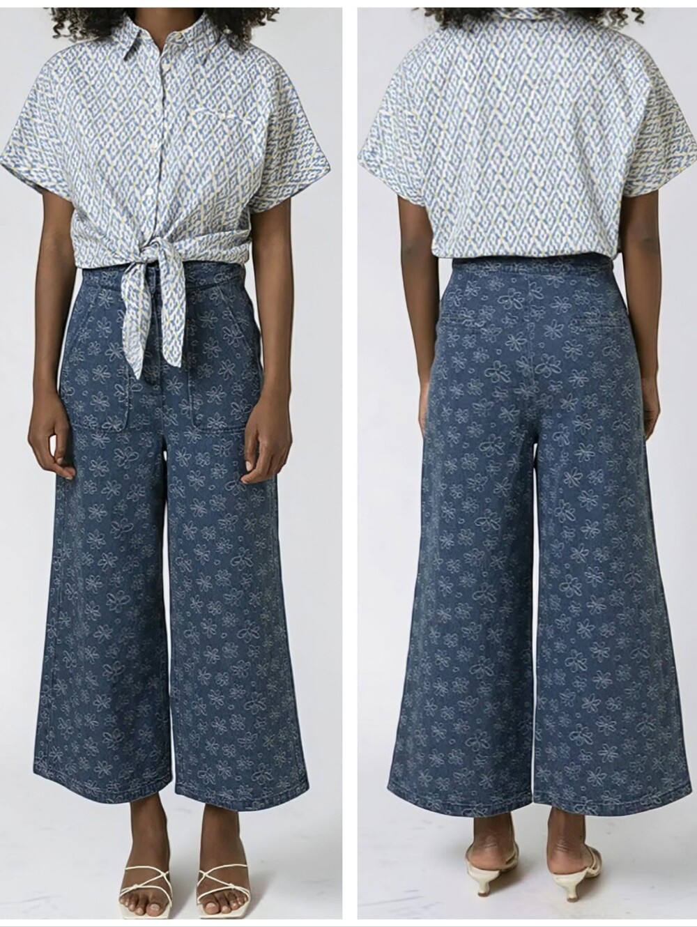 FRNCH Paris Rima Floral Denim Wide Leg Cropped Jeans Size S